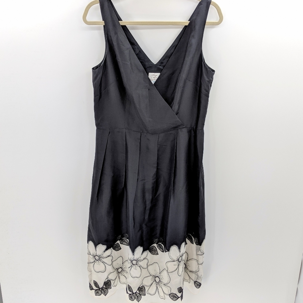 Suzi Chin Black‎ Silk Floral Embroidered Hem Dress